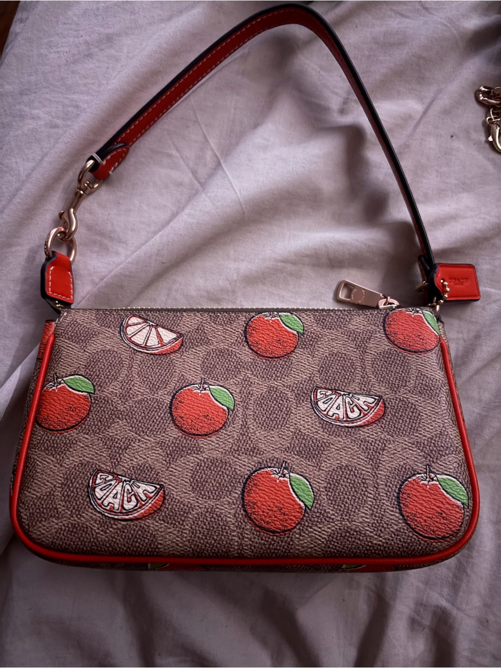 Coach Brown Signature Shoulder Bag with Orange Fruit Motif